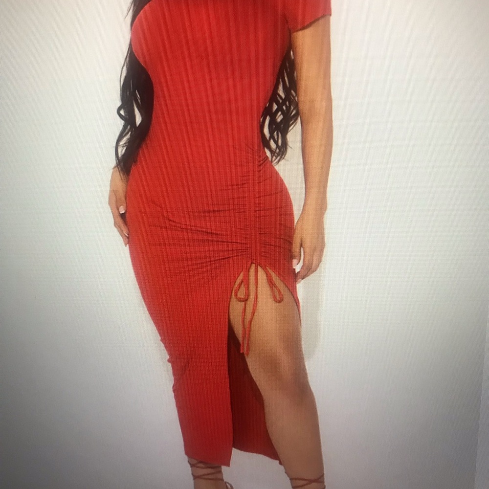 Red Ruched Side-Slit Midi Dress
